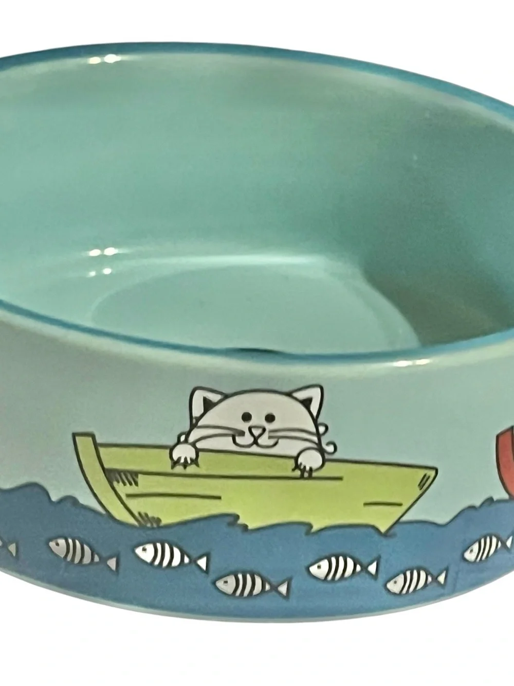 Ceramic Cat Bowl in Aqua with Boat & Fish Design Whimsical Colorful Paw Print 5”